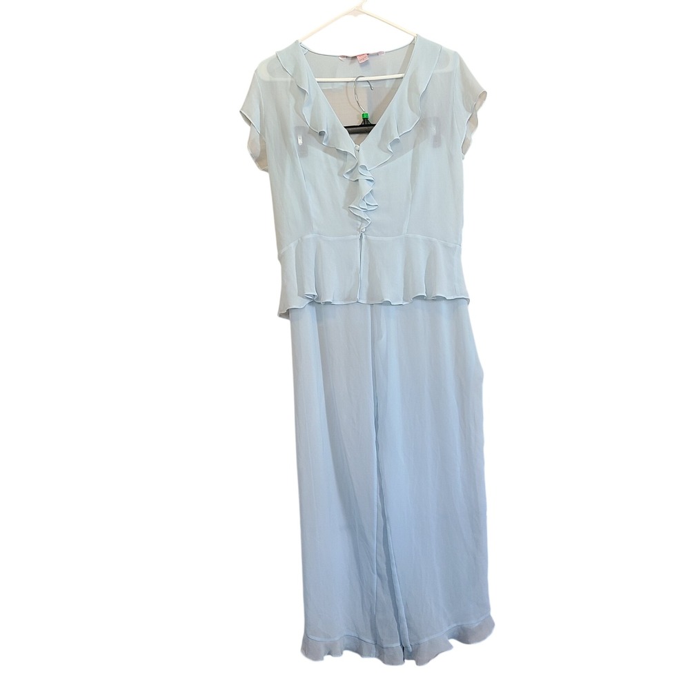 VTG Y2K Victoria's Secret 2pc Pajama Set Women L Blue Ruffle Chiffon Sheer 2000